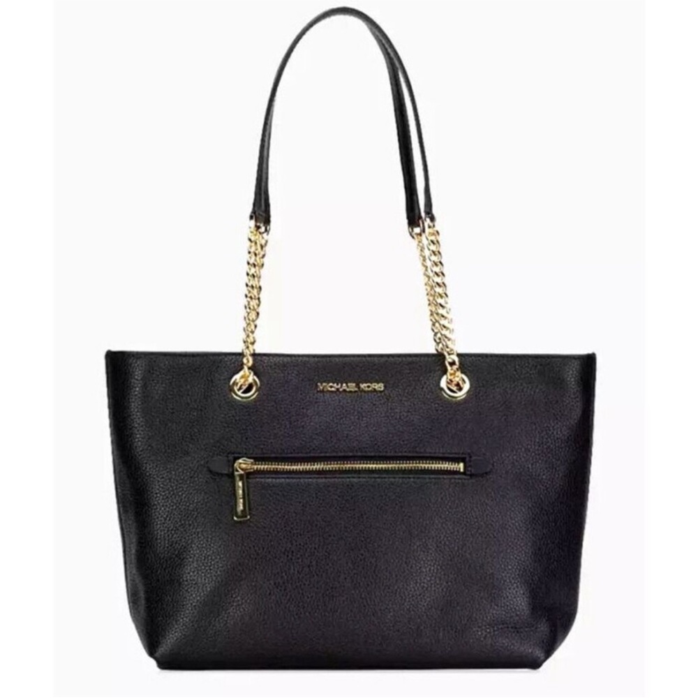 🚨Michael Kors Jet Set Black Tote Medium Front Zip Pebbled Leather Gold Chain